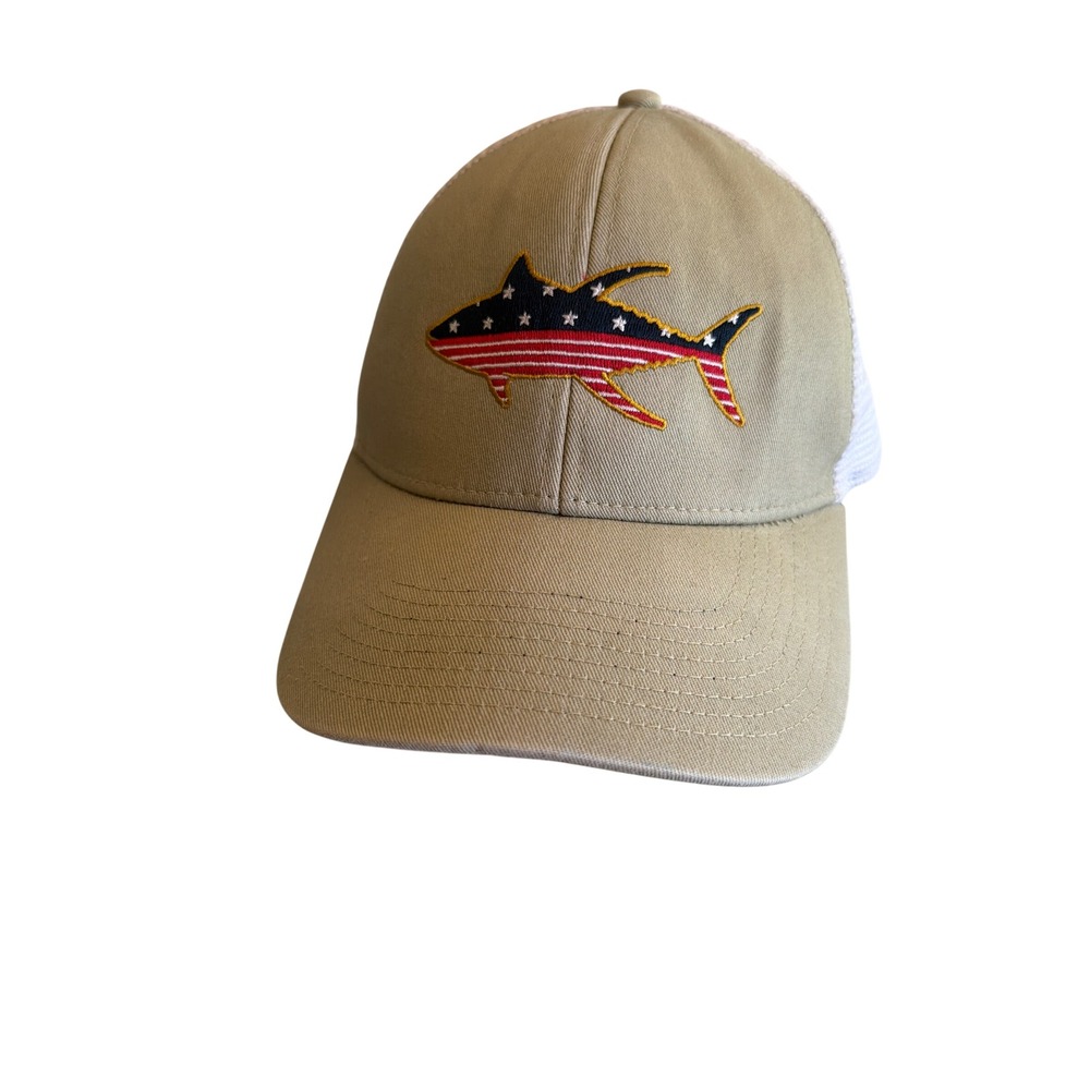 Hat Tan American Flag Tuna Fish Mesh Snapback Fishing Cap OSFM